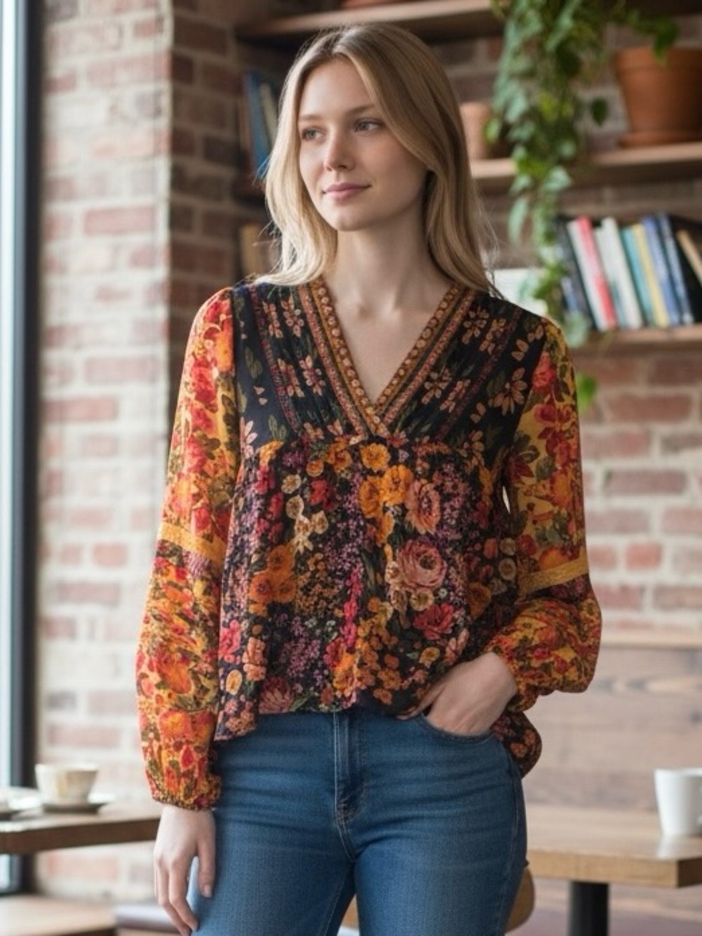 FARM Rio Vibrant Flowers Garden Lace Trim V-Neck Bold Long Sleeve Blouse XS